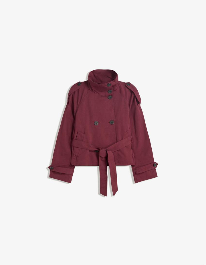 Women's belted trench jacket with high collar, long sleeves and front buttons