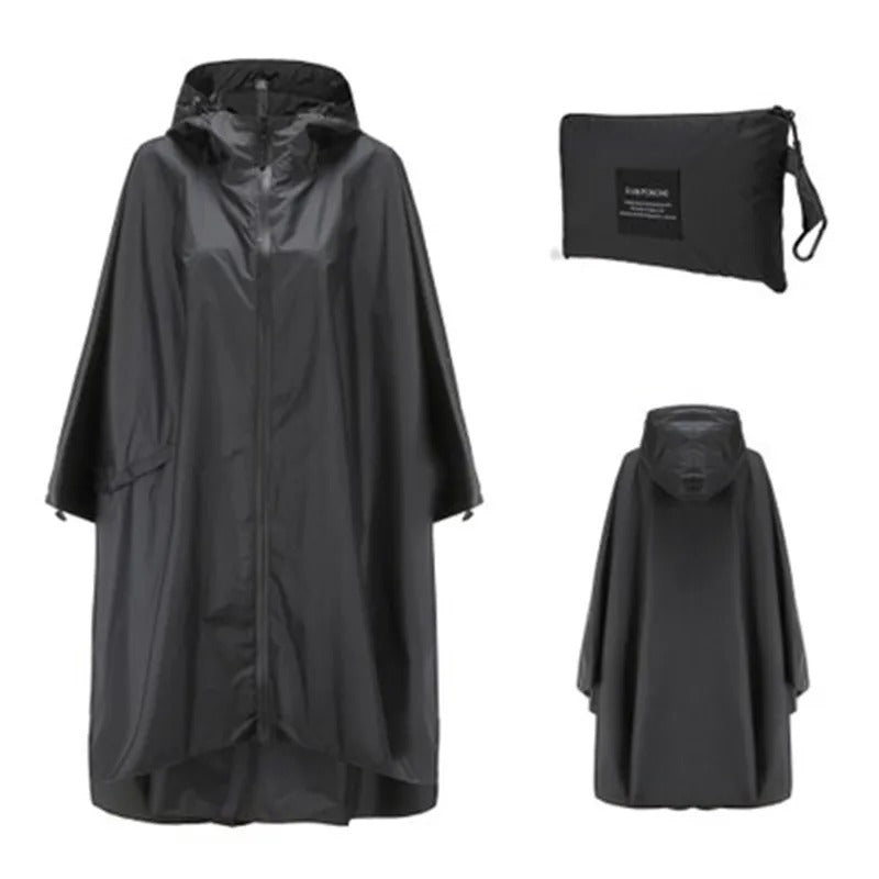 Patterned unisex hooded rain poncho with zip front and matching pouch