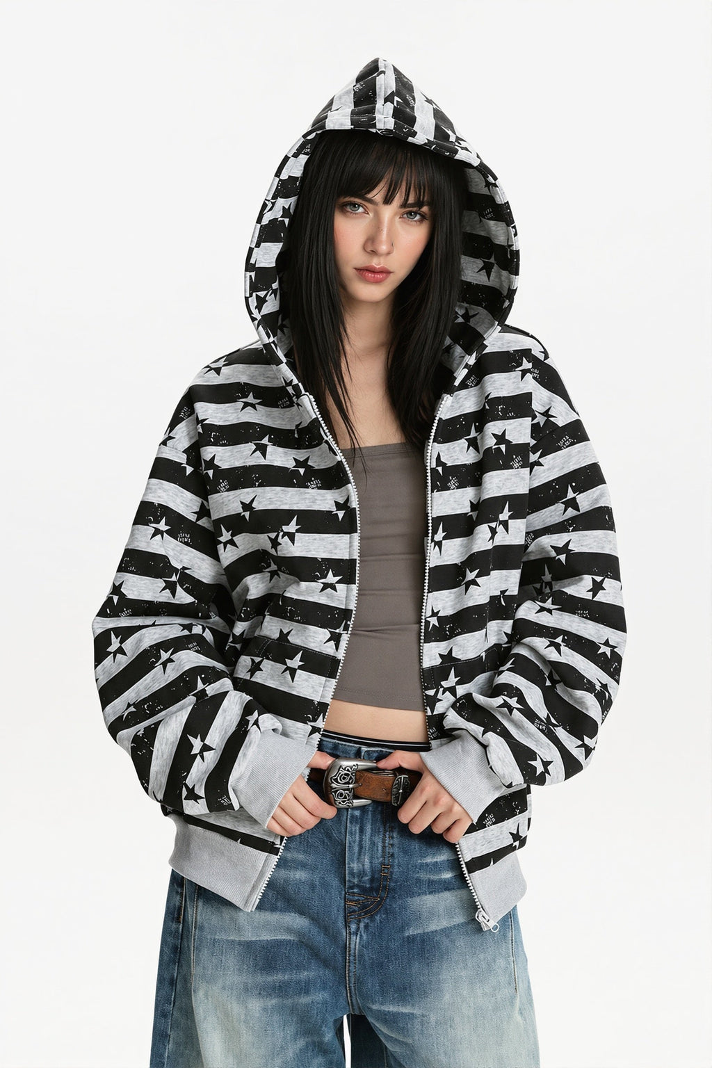 Women's striped star print zip hoodie with hood and ribbed trims