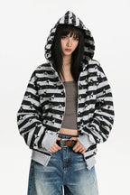 Women's striped star print zip hoodie with hood and ribbed trims