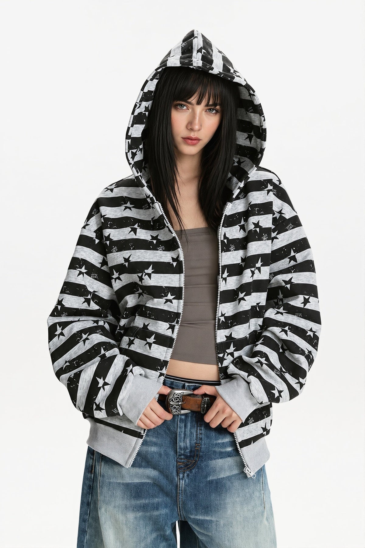 Women's striped star print zip hoodie with hood and ribbed trims