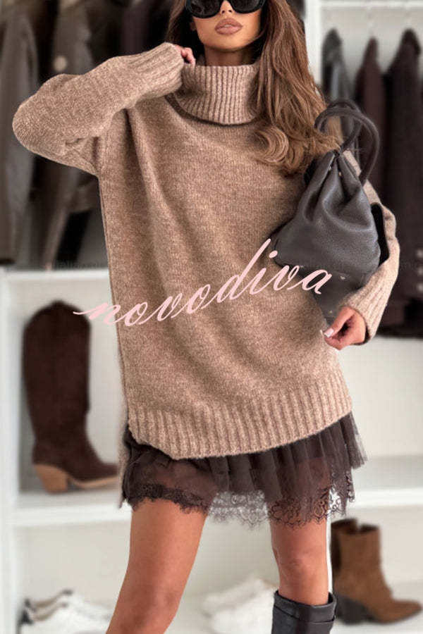 Women's relaxed turtleneck knit sweater with long sleeves and ribbed trims