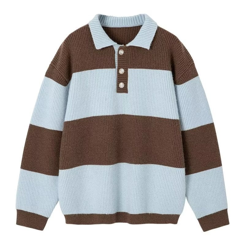 Men's black and cream striped polo sweater with long sleeves and button placket