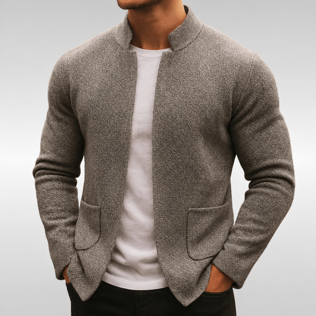 Men's textured knit jacket with stand collar and front patch pockets