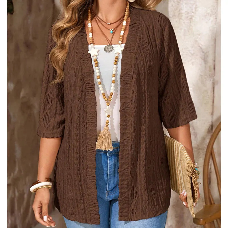 Women's open front textured cardigan with three-quarter sleeves