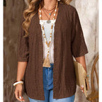 Women's open front textured cardigan with three-quarter sleeves