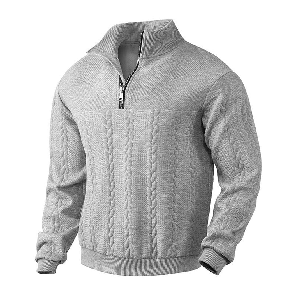 Men's quarter-zip jumper with stand collar and vertical cable-knit panels