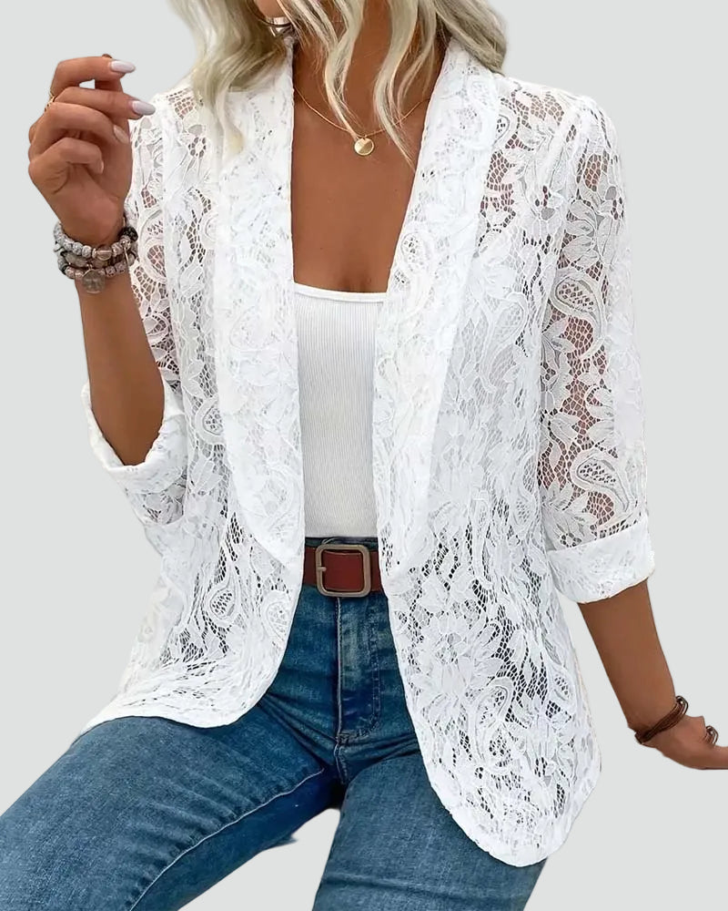 Women's floral lace blazer with open front and long sleeves