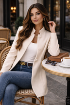 Women's slim-fit long coat with high neckline and covered buttons
