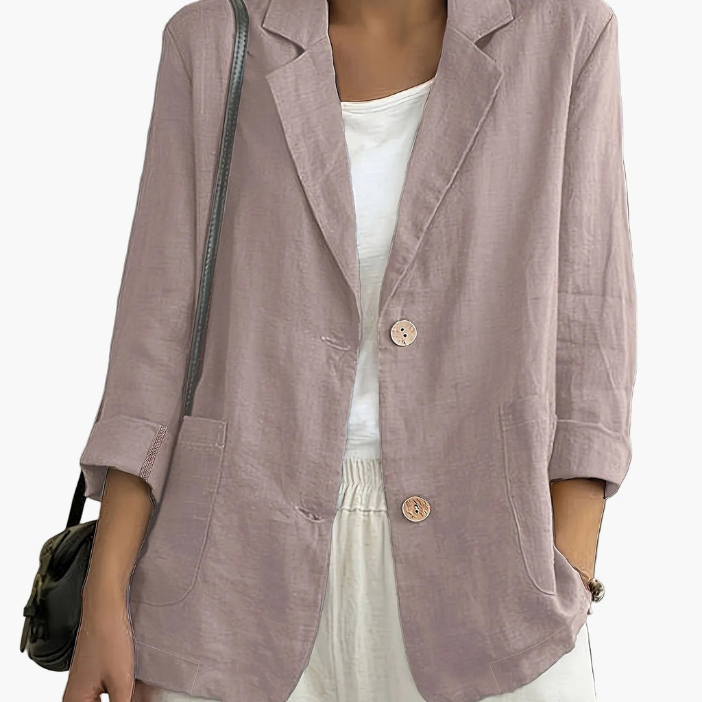 Women's navy blazer with notched lapels and front buttons