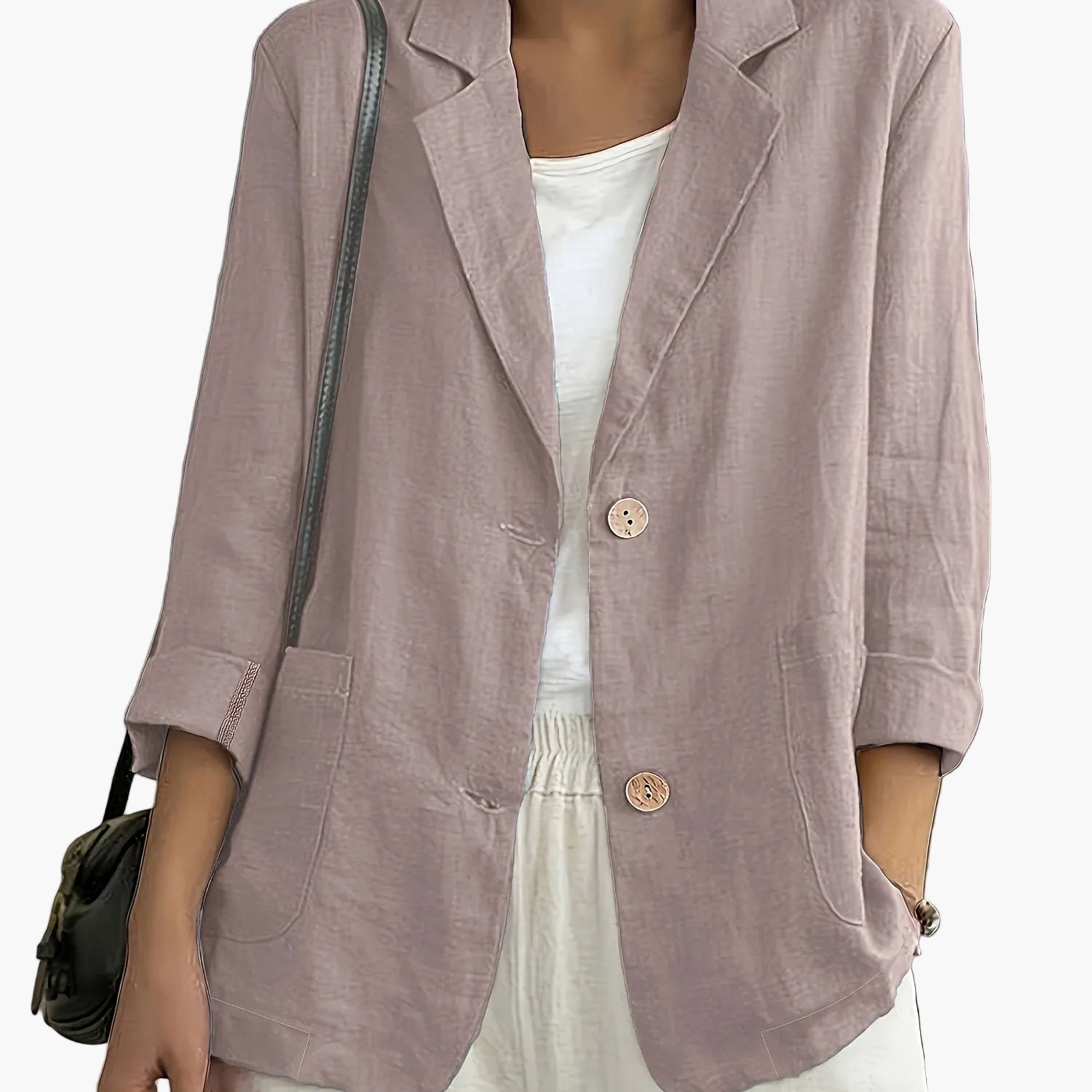 Women's navy blazer with notched lapels and front buttons
