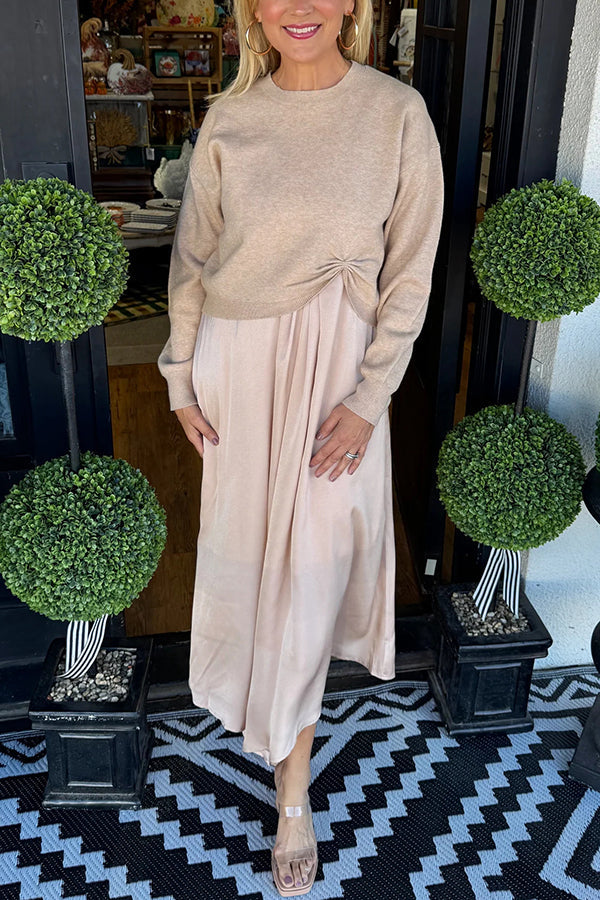 Women's knit sweater and ruched flowing midi dress two-piece set