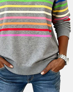 Women's striped quarter-zip sweatshirt with stand collar and long sleeves
