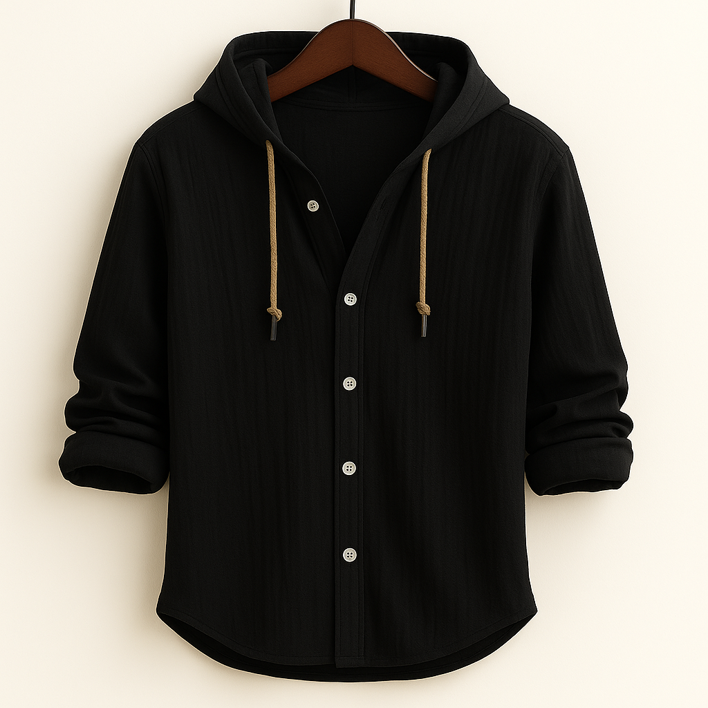 Hooded button-front shirt with long sleeves and curved hem