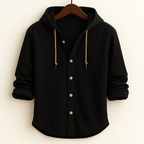 Hooded button-front shirt with long sleeves and curved hem