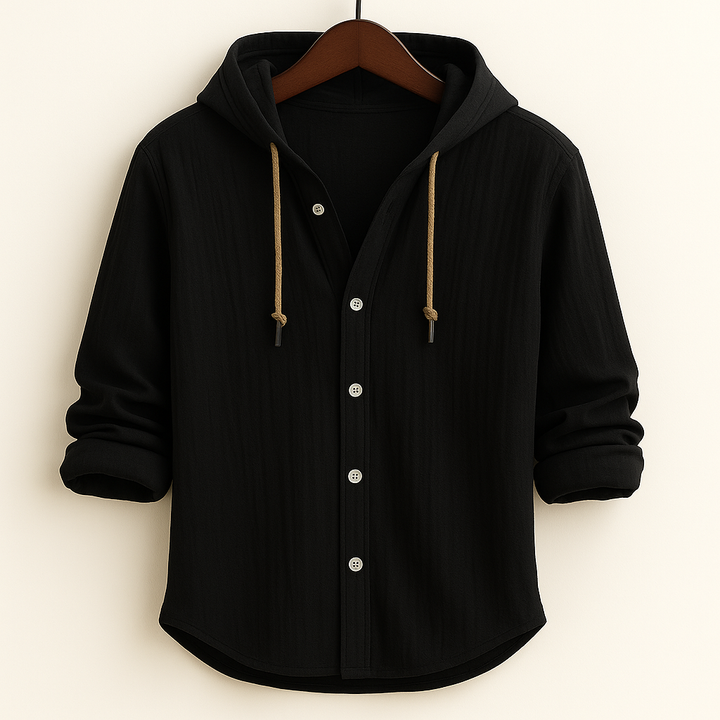 Hooded button-front shirt with long sleeves and curved hem