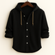 Hooded button-front shirt with long sleeves and curved hem