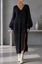 Women's textured knit V-neck midi dress with buttons, balloon sleeves and side slit