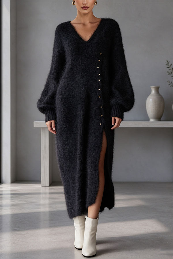 Women's textured knit V-neck midi dress with buttons, balloon sleeves and side slit