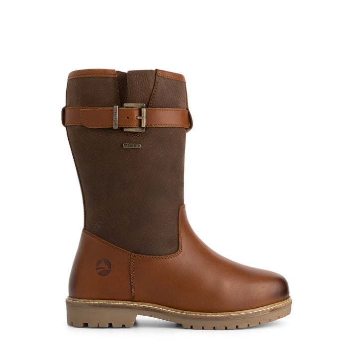 Brown tall boots with buckle straps, rounded toes and low heels