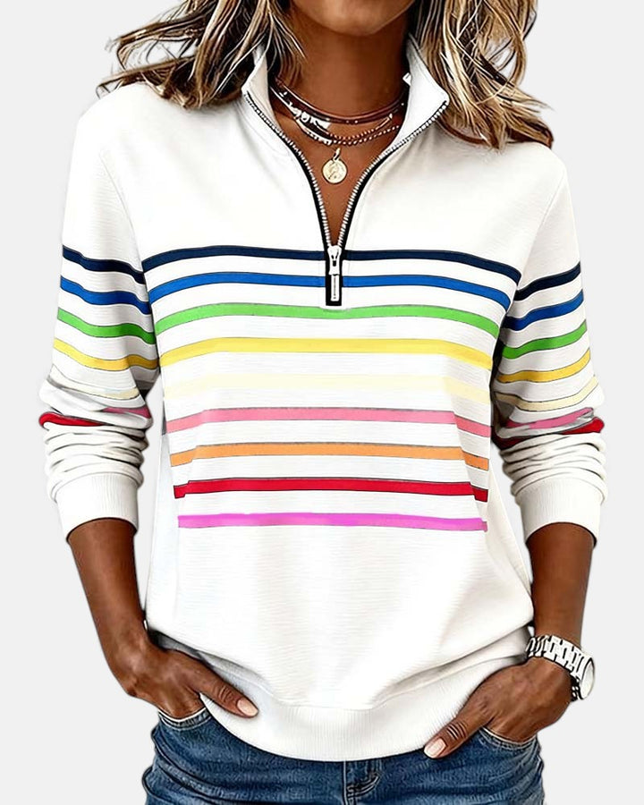 Women's striped quarter-zip sweatshirt with stand collar and long sleeves