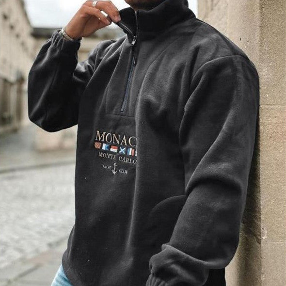 Men's quarter-zip sweater with Monaco graphic, mock neck and long sleeves