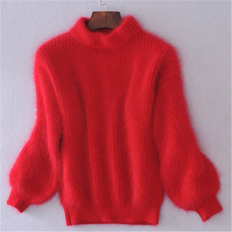 Women's fluffy turtleneck sweater with long sleeves and ribbed trims
