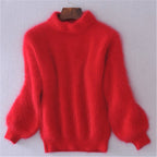 Women's fluffy turtleneck sweater with long sleeves and ribbed trims