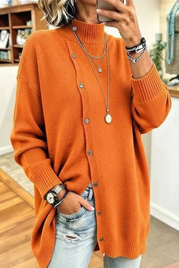 Women's ribbed turtleneck button-down longline jumper