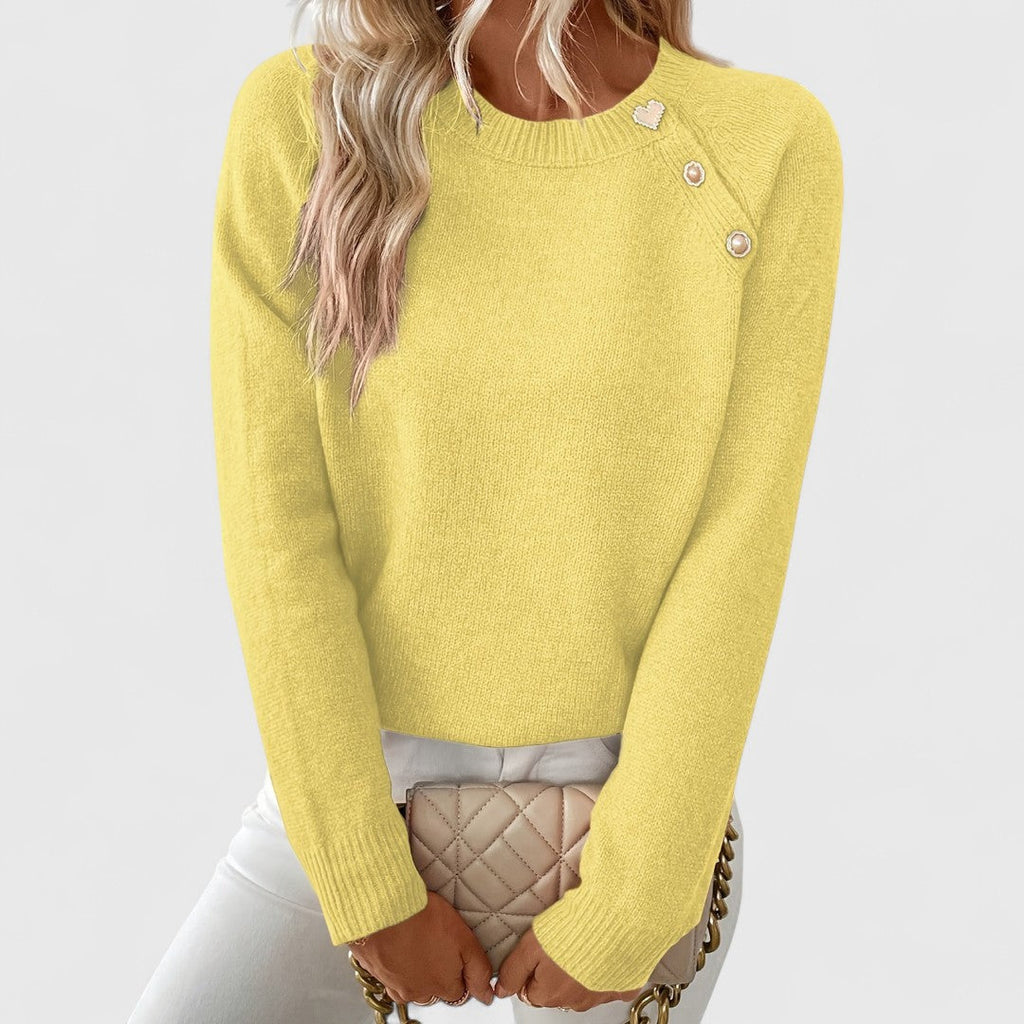 Women's long-sleeve crew neck jumper with shoulder buttons and cropped hem