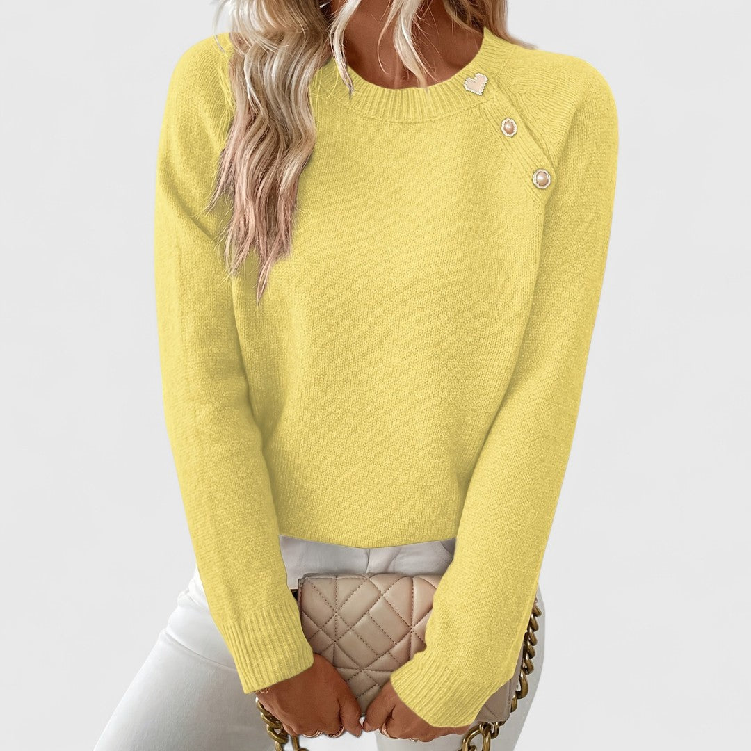 Women's long-sleeve crew neck jumper with shoulder buttons and cropped hem
