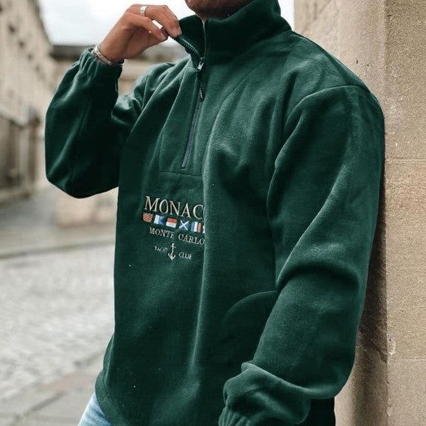 Men's quarter-zip sweater with Monaco graphic, mock neck and long sleeves