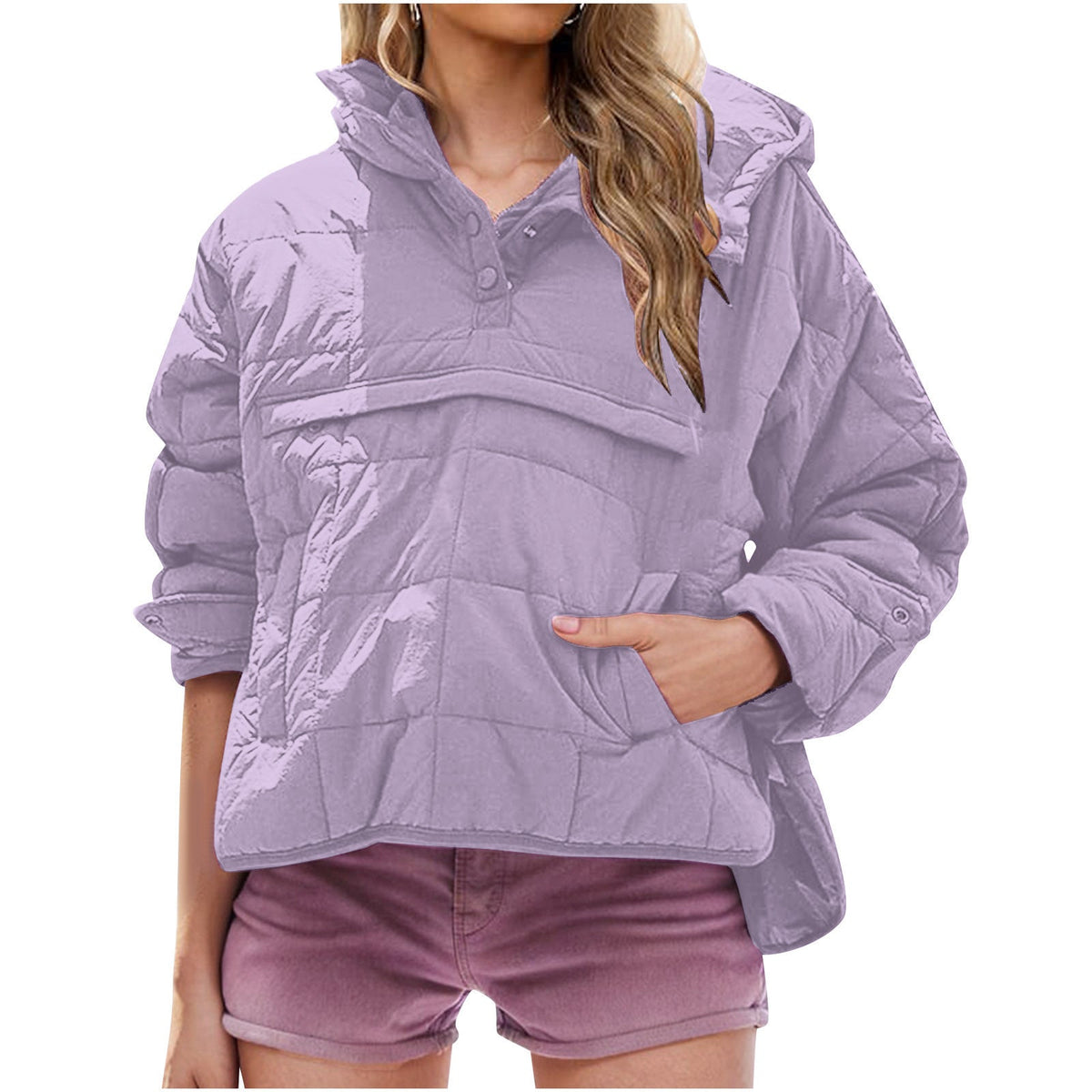 Women's oversized hooded quilted pullover jacket with long sleeves and front pockets