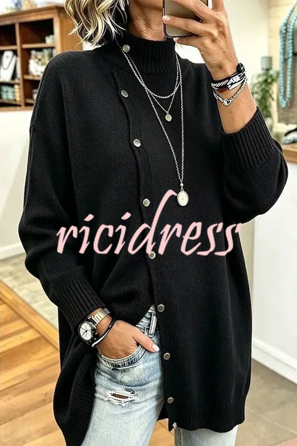 Women's ribbed turtleneck button-down longline jumper