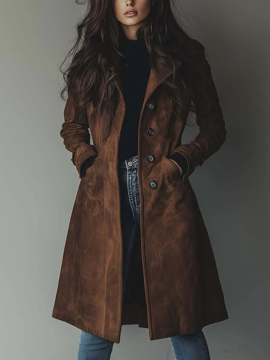 Women's long patchwork trench coat with notched collar and button front