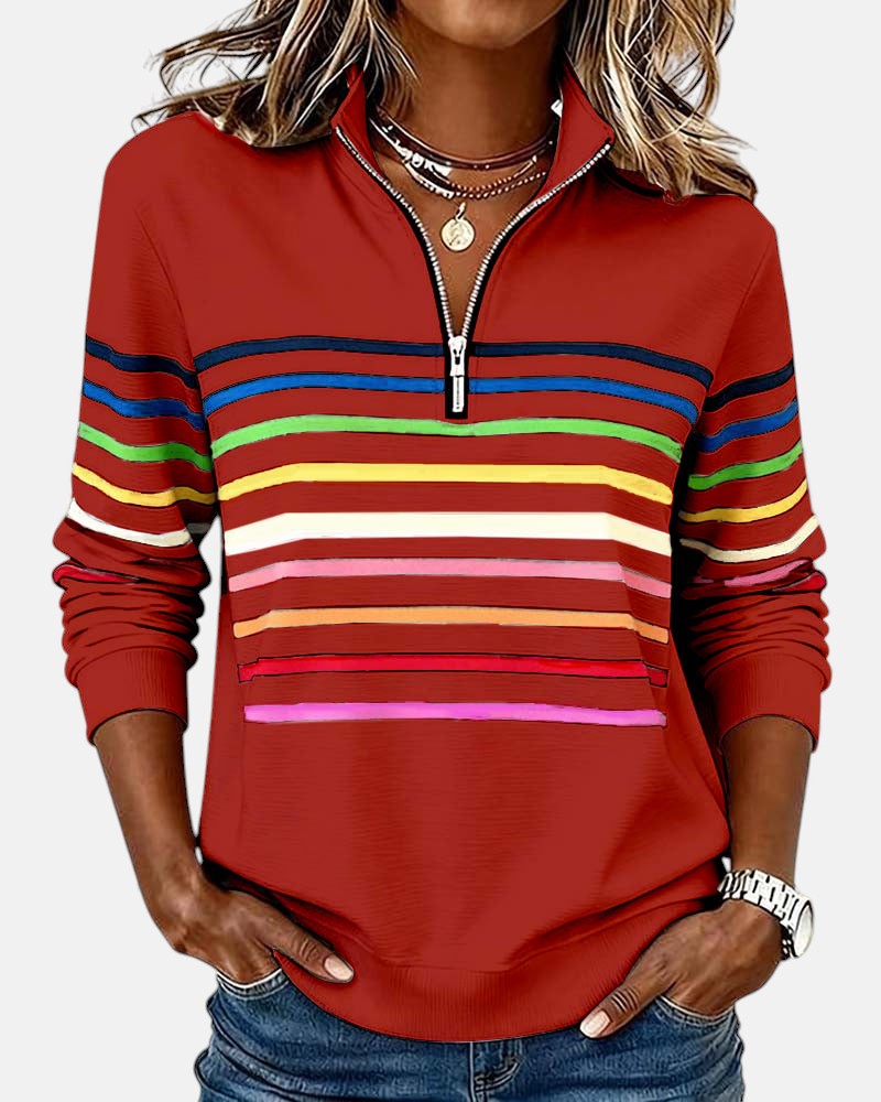 Women's striped quarter-zip sweatshirt with stand collar and long sleeves