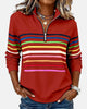 Women's striped quarter-zip sweatshirt with stand collar and long sleeves