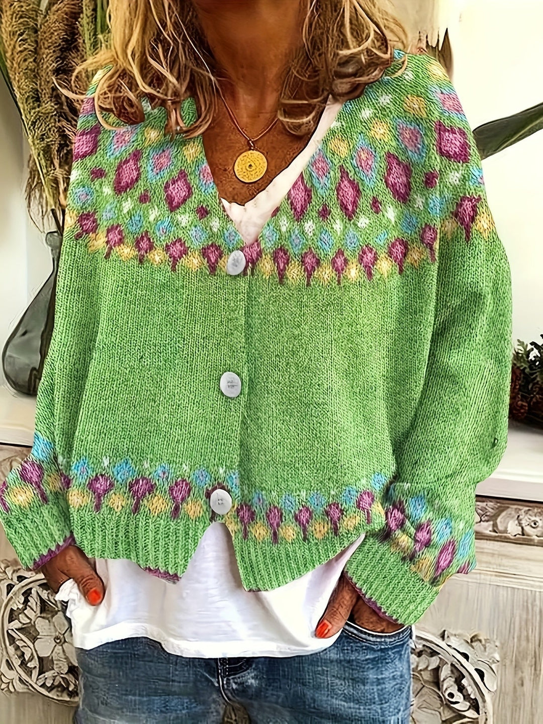 Women's multicoloured knitted cardigan with floral pattern bands and button front