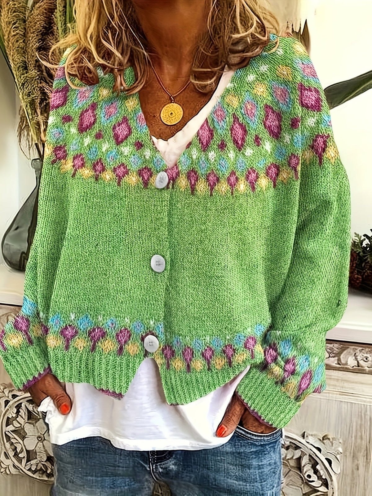 Women's multicoloured knitted cardigan with floral pattern bands and button front