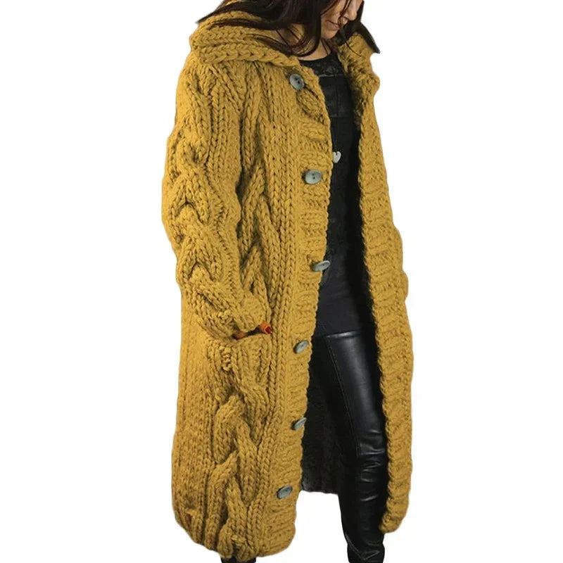 Women's longline hooded cable knit cardigan with button front