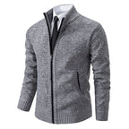 Men's textured zip cardigan with hooded collar and ribbed trims