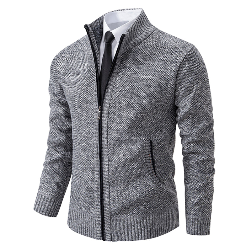 Men's textured zip cardigan with hooded collar and ribbed trims