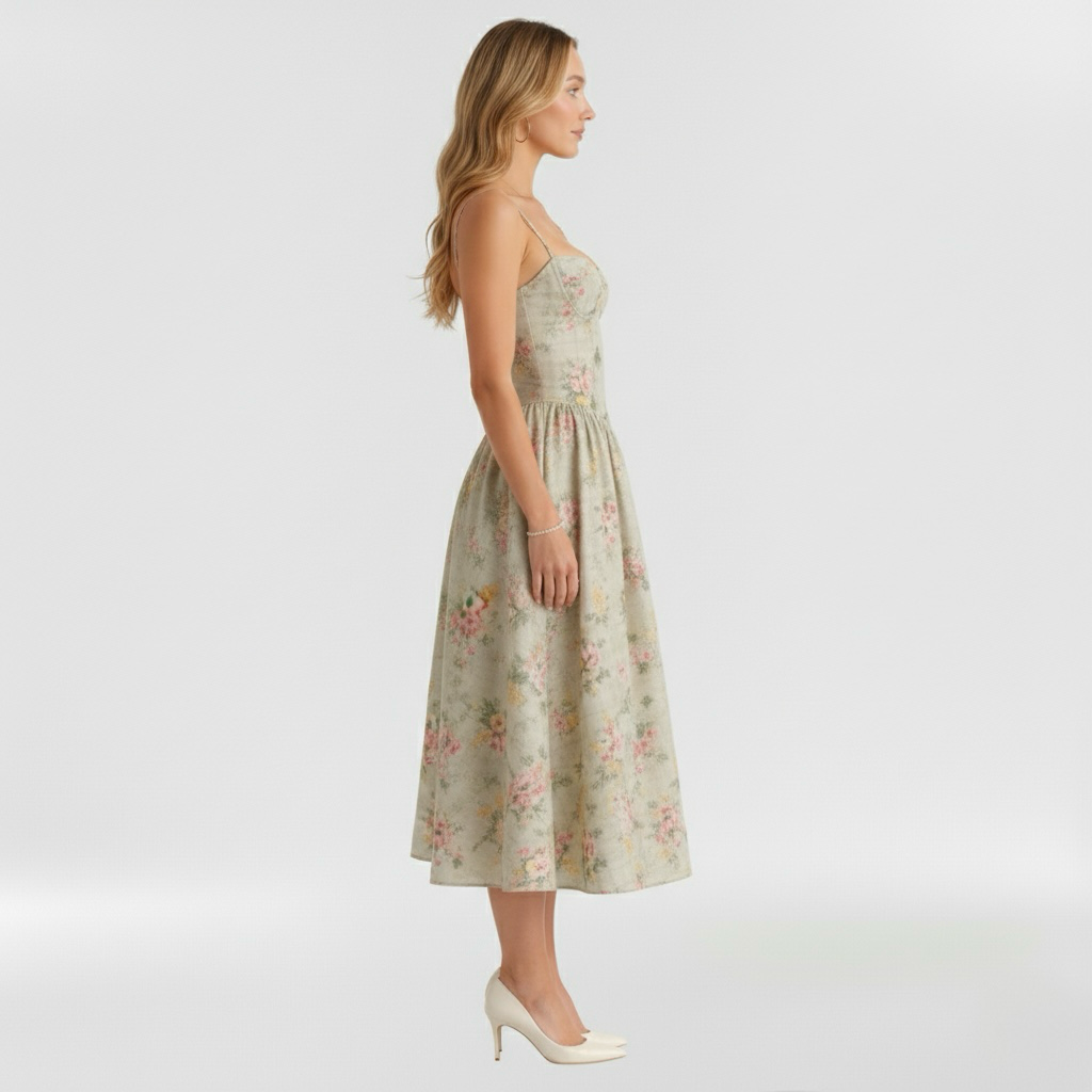 Women's floral corset midi dress with sweetheart neckline and spaghetti straps