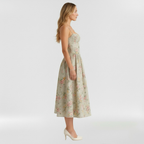 Women's floral corset midi dress with sweetheart neckline and spaghetti straps