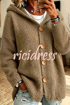 Women's long-sleeve hooded knit cardigan with four-button front