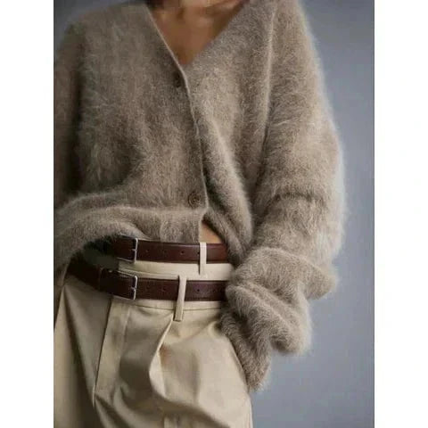Women's textured V-neck knit cardigan with button front