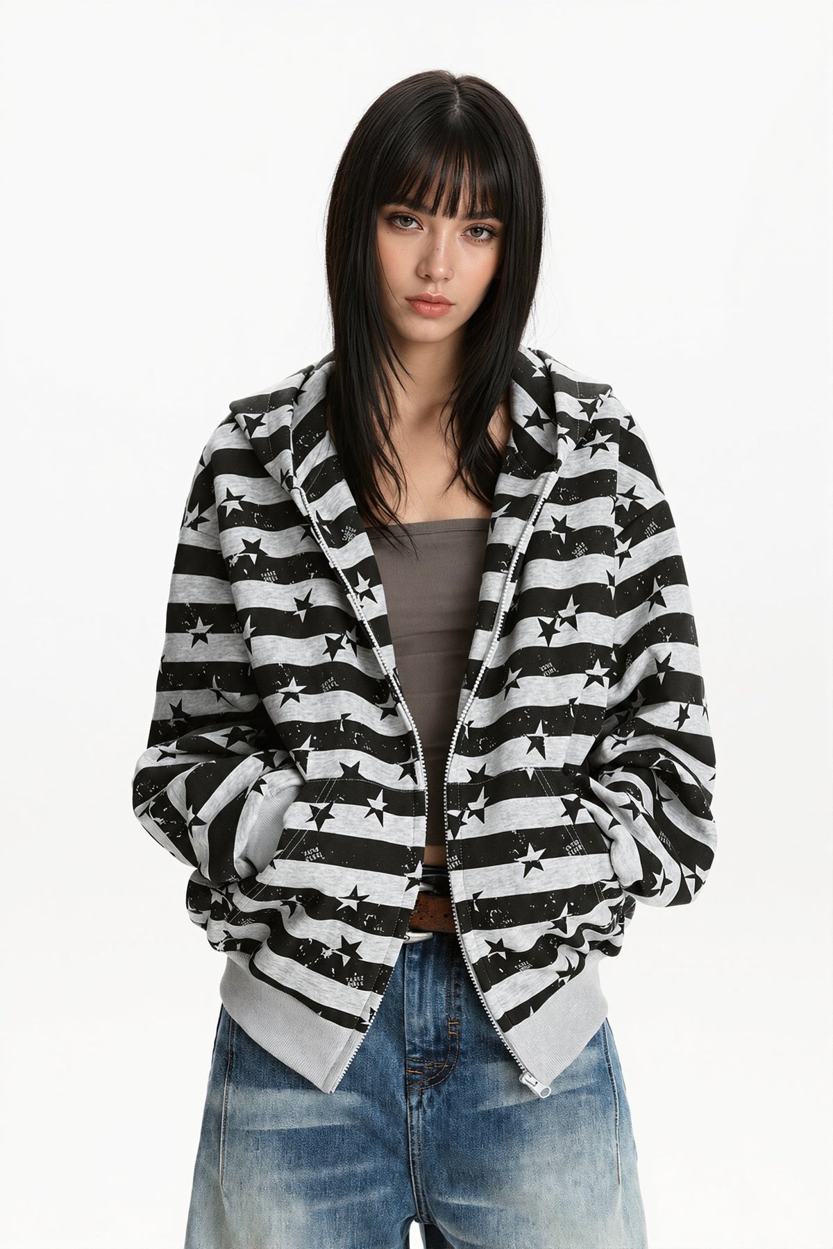 Women's striped star print zip hoodie with hood and ribbed trims