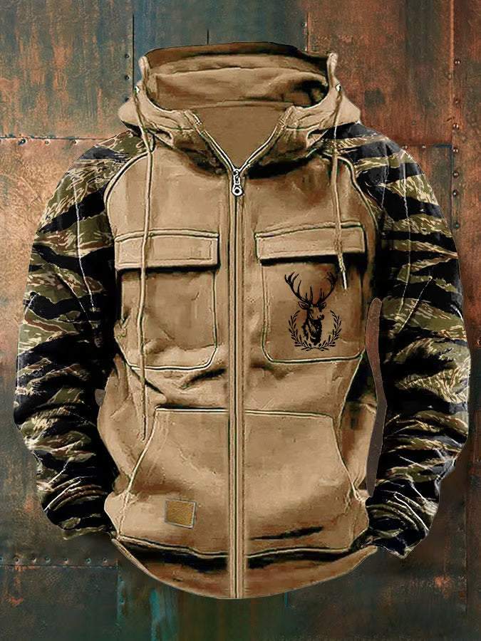 Men's camouflage sleeve zip hoodie with hood and utility pockets