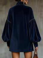 Women's navy velvet mini dress with bow and lantern sleeves