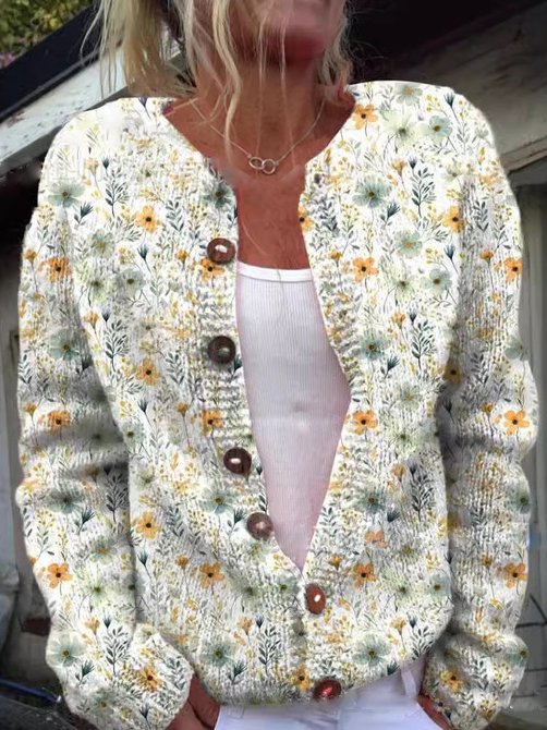 Women's floral button-front vest with long sleeves